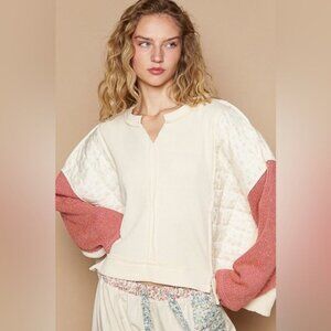 NEW POL Floral Quilted Round Neck Oversized Top Cream Pink